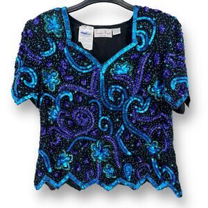 Laurence Kazar Silk Beaded Paisley Sequin Top XL Vintage Party Shirt Purple Blue